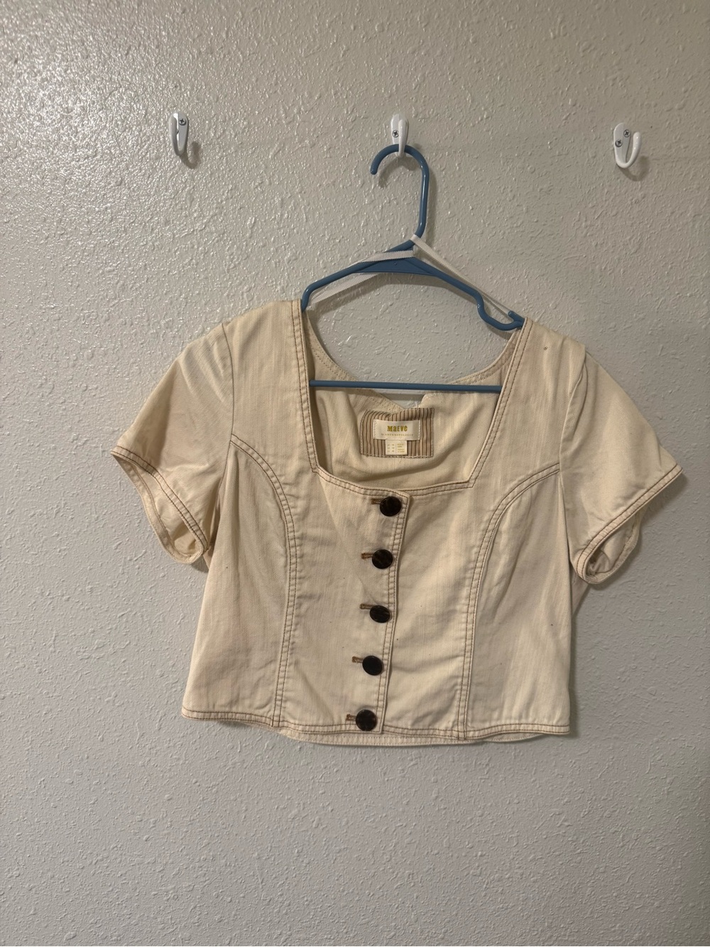Anthropologie Cream Short-Sleeve Button Crop Top
